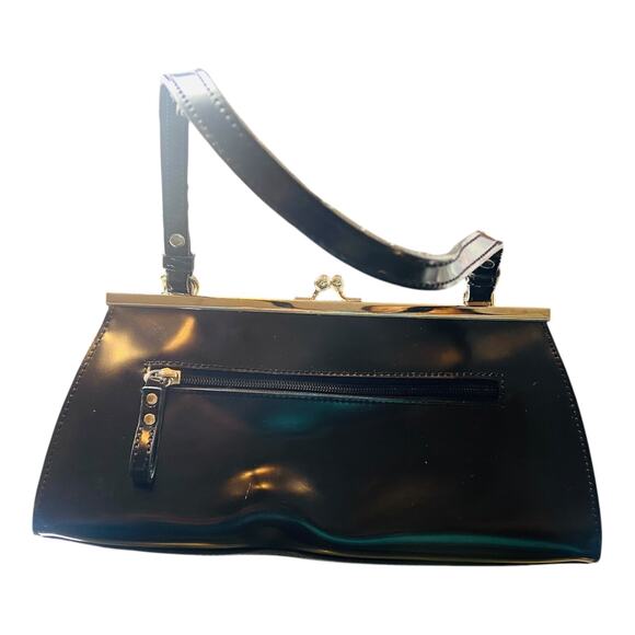 Guess Womens G Goldware Logo Kiss Lock Hobo Leather Black Shoulder Bag Y2K 2000 - Picture 9 of 12